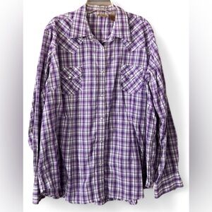 Women’s Wrangler Button Down Pearl Snap Purple and White Plaid Shirt/3XL